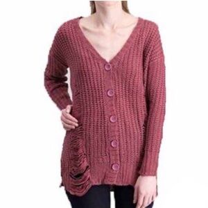 Derek Heart Dark Pink Distressed Knit
Cardigan With Buttons Size Large NEW